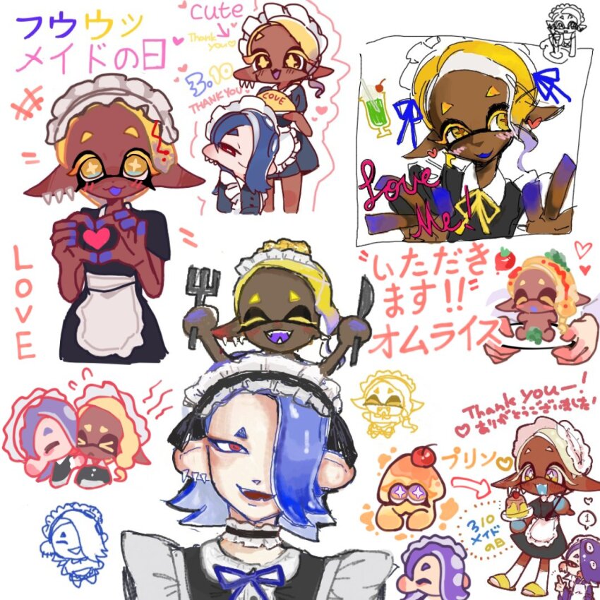 2girls, alternate_costume, apron, beanye1234, blonde_hair, blue_hair, blush, cherry