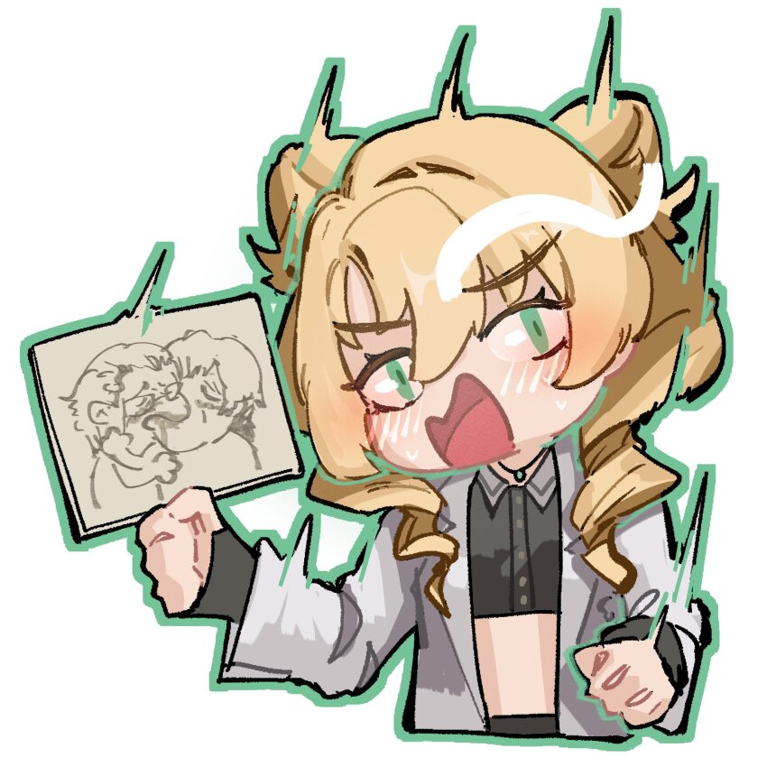 1girl, 2boys, blonde_hair, blush, commander_(girls'_frontline), drawing_(object), french_kiss, girls'_frontline, girls'_frontline_2:_exilium, green_eyes, hair_bun, highres, invertedqueen, jewelry, kiss, lab_coat, midriff, multiple_boys, necklace, orphelune_(girls'_frontline_2), shaking, white_background, william_(reverse_collapse)