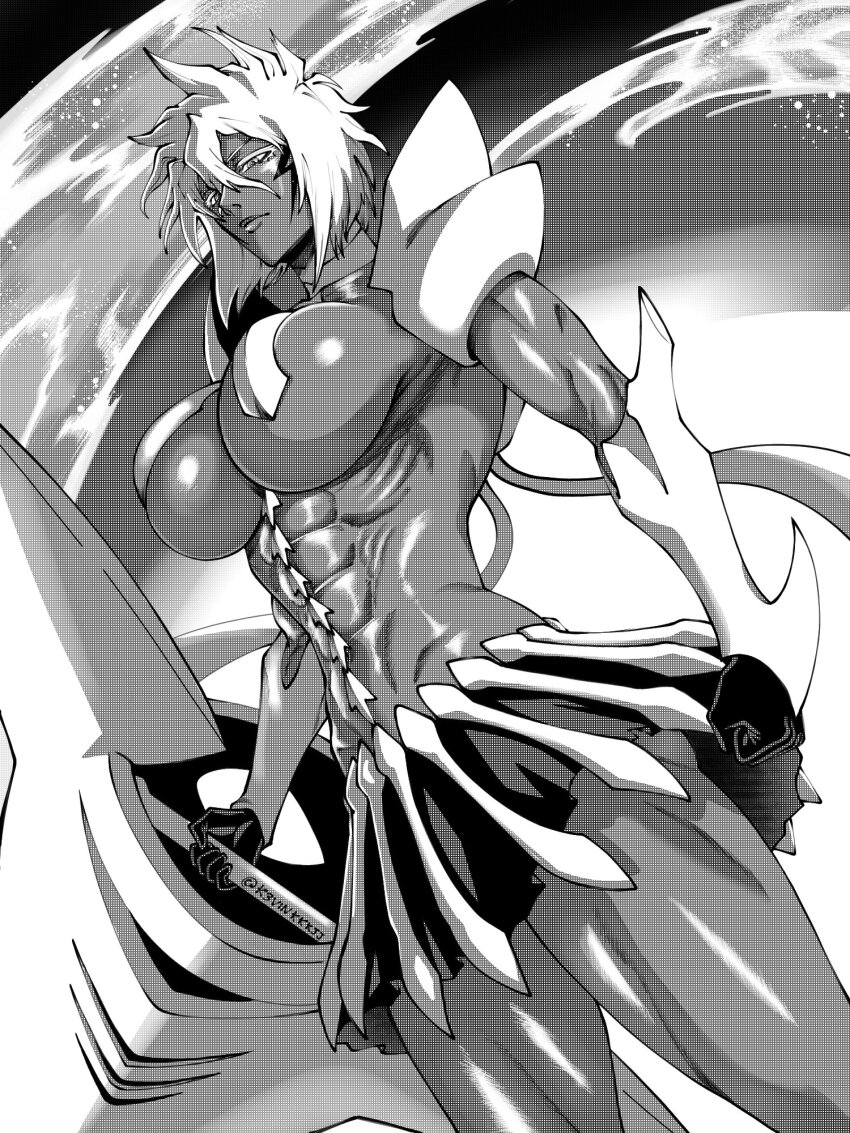 1girl, abs, bleach, breasts, closed_mouth, dark-skinned_female, dark_skin, espada, female_focus, holding, holding_weapon, k3vinkkkjj, large_breasts, lips, monochrome, resurreccion, skirt, tier_harribel, water, weapon