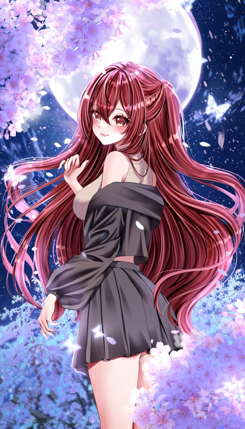 1girl, absurdres, bare_shoulders, black_jacket, black_skirt, blush, bug, butterfly