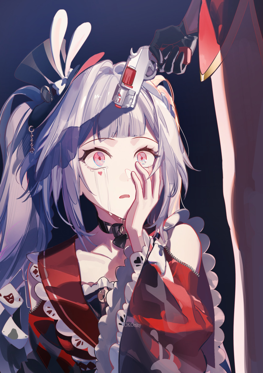 2girls, aiming, aiming_at_another, artist_name, black_choker, black_gloves, black_hat, choker, clothing_cutout, collarbone, commentary, crying, crying_with_eyes_open, diamond_(shape), diamond_facial_mark, dual_persona, facial_mark, frilled_sailor_collar, frills, gloves, gun, hair_intakes, hand_on_own_cheek, hand_on_own_face, hat, hat_ornament, heart, heart_facial_mark, highres, holding, holding_gun, holding_weapon, honkai:_star_rail, honkai_(series), lokonity, long_hair, long_sleeves, looking_at_another, looking_up, mini_hat, mini_top_hat, multiple_girls, one_eye_closed, open_mouth, pink_eyes, rabbit_hat_ornament, red_sailor_collar, red_shirt, sailor_collar, shirt, shoulder_cutout, sparkle_(honkai:_star_rail), sparxie_(honkai:_star_rail), tears, top_hat, twintails, weapon, white_hair