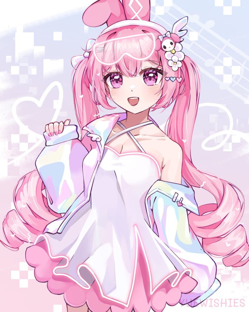 1girl, :d, animal_ear_hairband, animal_ears, breasts, character_hair_ornament, cleavage, commentary