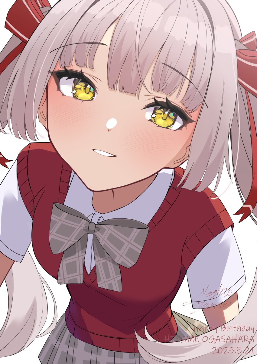 1girl, absurdres, birthday, blunt_bangs, blunt_ends, blush, bow, bowtie, character_name, collared_shirt, commentary_request, cowboy_shot, dated, eyelashes, from_above, grey_bow, grey_bowtie, grey_hair, grey_skirt, hair_bow, hair_ribbon, happy_birthday, heaven_burns_red, highres, hime_cut, long_hair, looking_at_viewer, miniskirt, negino_yurine, official_alternate_costume, ogasahara_hisame, ogasahara_hisame_(garnet_dusklight), parted_lips, plaid_bow, plaid_bowtie, plaid_clothes, plaid_skirt, red_bow, red_ribbon, red_sweater_vest, ribbon, school_uniform, shirt, short_sleeves, sidelocks, signature, simple_background, skirt, smile, solo, sweater_vest, twintails, white_background, white_shirt, yellow_eyes