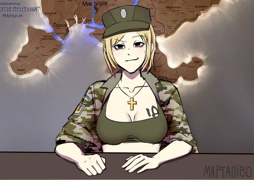 1girl, alternate_tattoo, blonde_hair, bob_cut, bra, breasts, camouflage, camouflage_jacket