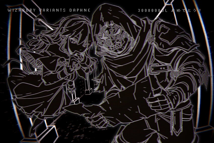 1boy, 1girl, commentary_request, copyright_name, dungeon, floating, gauntlets, greyscale