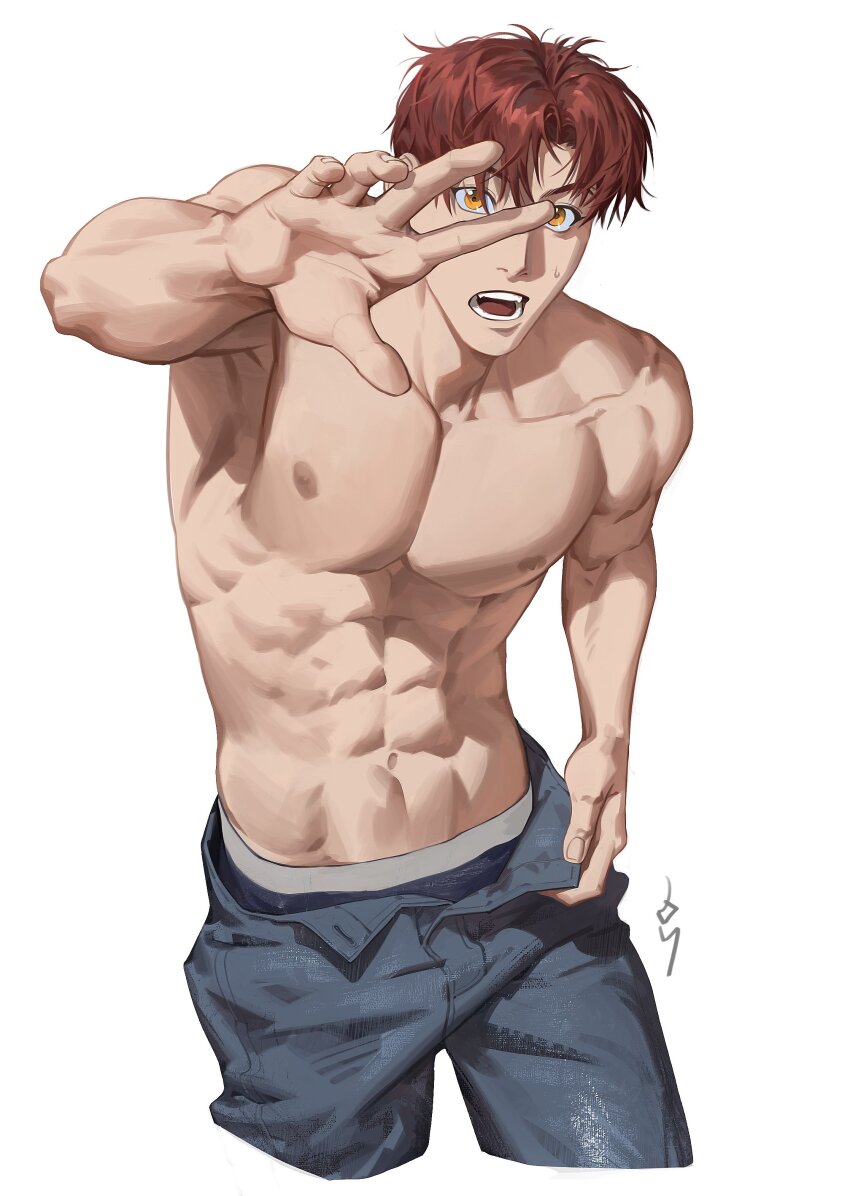 1boy, abs, absurdres, adam's_apple, an_kyoung, armpits, blue_male_underwear, boxer_briefs