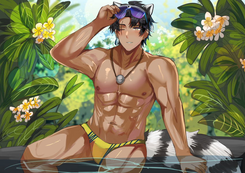 1boy, abs, alesh_(arknights), animal_ears, arknights, arknights:_endfield, bara, black_hair