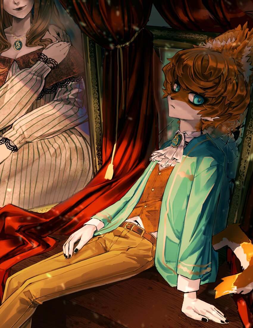 1boy, absurdres, alternate_costume, animal_ears, animification, aqua_jacket, arm_support, ascot, bags_under_eyes, belt, belt_buckle, black_nails, blue_eyes, brooch, brown_belt, brown_pants, buckle, commentary, curtains, dream_smp, english_commentary, feet_out_of_frame, formal_clothes, fox_boy, fox_ears, fox_tail, frown, fundy_(youtuber), furry, furry_male, highres, indoors, jacket, jewelry, long_sleeves, looking_at_viewer, male_focus, minecraft_youtube, open_clothes, open_jacket, orange_fur, orange_hair, orange_vest, ouji_fashion, pants, photo_(object), picture_frame, reclining, sally_the_salmon, shanuraru, shirt, short_hair, sitting, solo, tail, vest, victorian, white_ascot, white_shirt