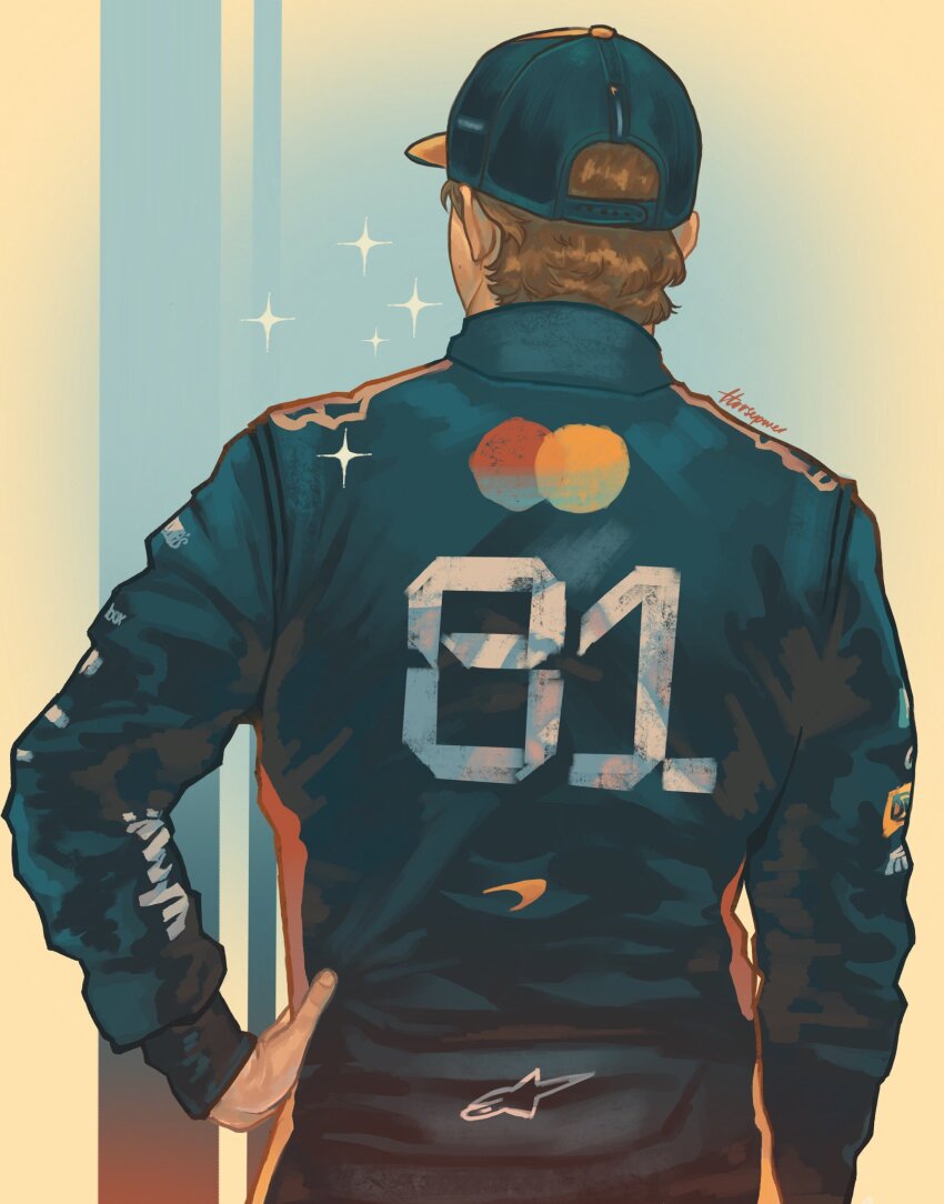 1boy, baseball_cap, black_hat, black_pants, brown_hair, commentary, english_commentary, formula_one, from_behind, hand_on_own_hip, hat, highres, horsepwer, jacket, long_sleeves, male_focus, oscar_piastri, pants, real_life, short_hair, solo, sparkle