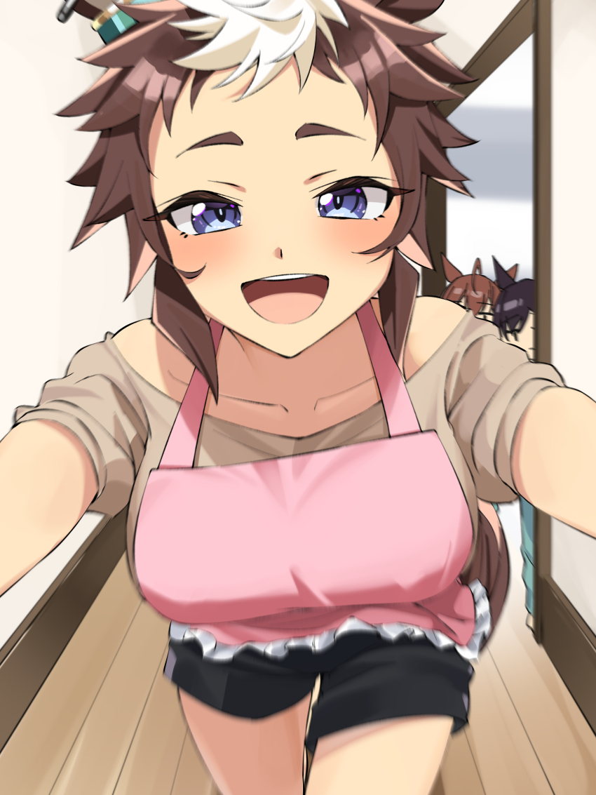 1girl, 2others, :|, absurdres, ahoge, alternate_costume, animal_ears, apron