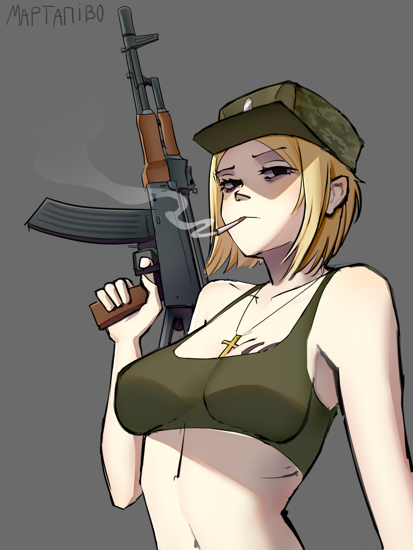 1girl, absurdres, ak-47, assault_rifle, black_eyes, blonde_hair, bob_cut, bra