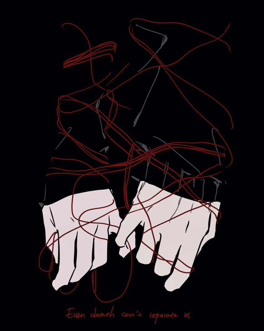 1boy, 1girl, absurdres, andrew_graves, ashley_graves, black_background, black_shirt, black_sweater, brother_and_sister, commentary, english_text, hand_focus, highres, holding, holding_another's_finger, holding_string, huachajiangqwq, long_sleeves, puffy_long_sleeves, puffy_sleeves, shirt, siblings, simple_background, sleeves_past_wrists, string, sweater, the_coffin_of_andy_and_leyley, untranslatable_commentary