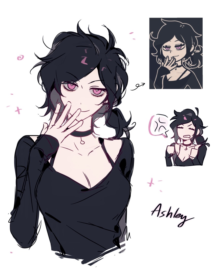 1girl, absurdres, anger_vein, antenna_hair, arm_at_side, arrow_(symbol), ashley_graves, black_choker, black_hair, black_shirt, bra_strap, breasts, bright_pupils, choker, cleavage, clenched_teeth, closed_mouth, collarbone, commentary, cropped_torso, finger_to_mouth, hand_up, hands_up, highres, huachajiangqwq, long_sleeves, looking_at_viewer, low_side_ponytail, medium_breasts, medium_hair, multiple_views, o-ring, o-ring_choker, official_art_inset, pink_eyes, reference_inset, shirt, side_ponytail, simple_background, skinny, sleeves_past_wrists, smile, spoken_anger_vein, teeth, the_coffin_of_andy_and_leyley, untranslatable_commentary, v-neck, v-shaped_eyebrows, white_background, white_pupils