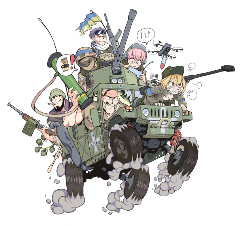 2girls, 4boys, ak-74m, all-terrain_vehicle, ammunition_pouch, armband, armored_vehicle, assault_rifle