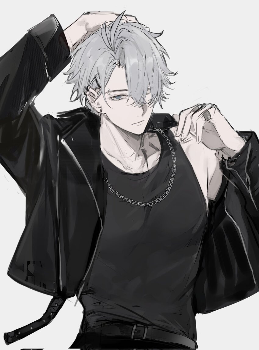 1boy, alternate_costume, belt, belt_buckle, black_belt, black_shirt, blue_eyes, buckle