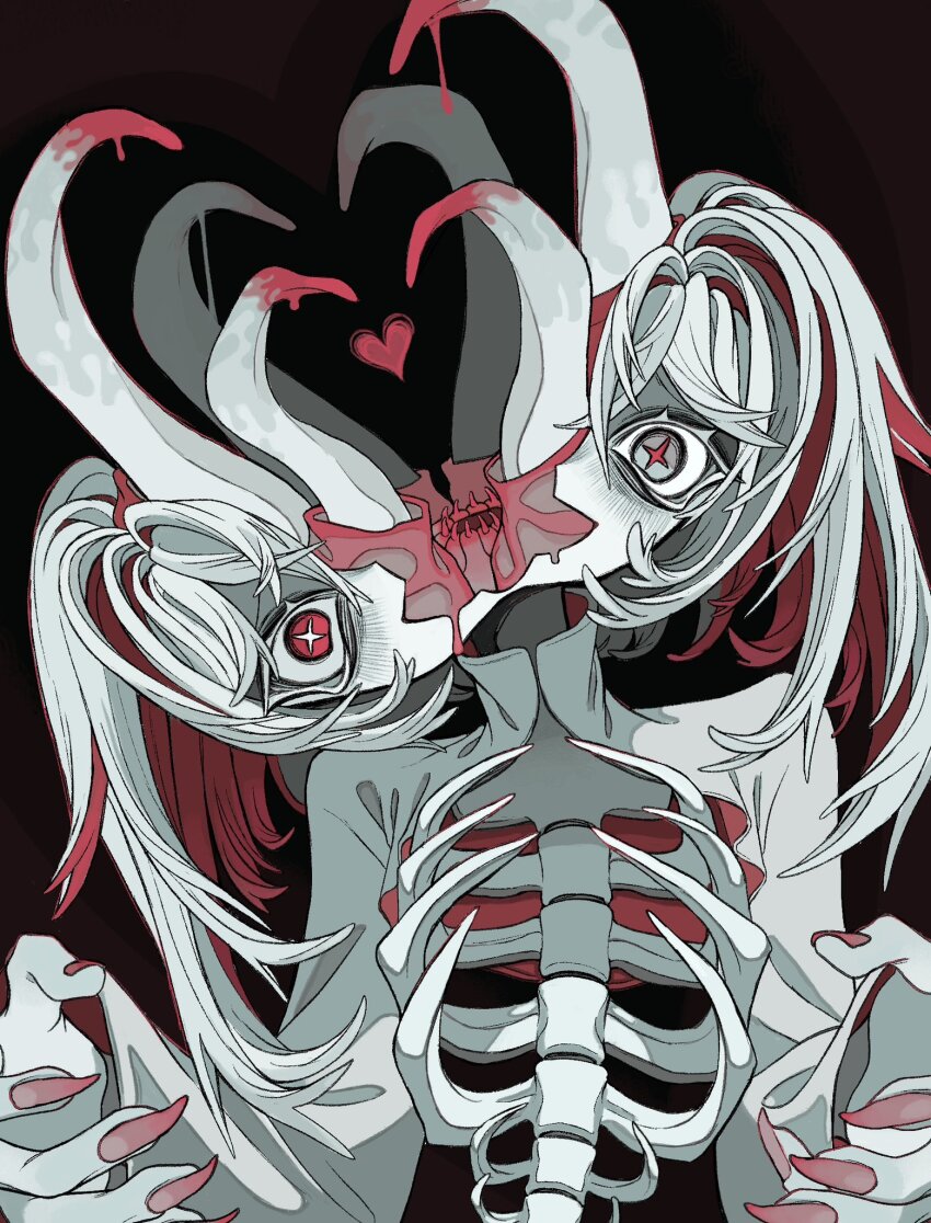 1girl, :d, blush, bone, colored_inner_hair, commentary_request, douk1_1kigire, fingernails