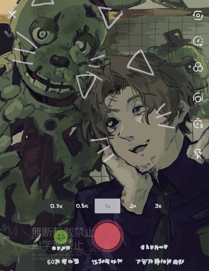 3boys, animatronic, collared_shirt, commentary, drawn_ears, drawn_whiskers, five_nights_at_freddy's, five_nights_at_freddy's_3, hashtag-only_commentary, male_focus, michael_afton, multiple_boys, null_(lllllljllllljll), open_mouth, phantom_freddy, purple_shirt, recording, shirt, smile, springtrap, stitched_face, stitches, teeth, tiktok, william_afton