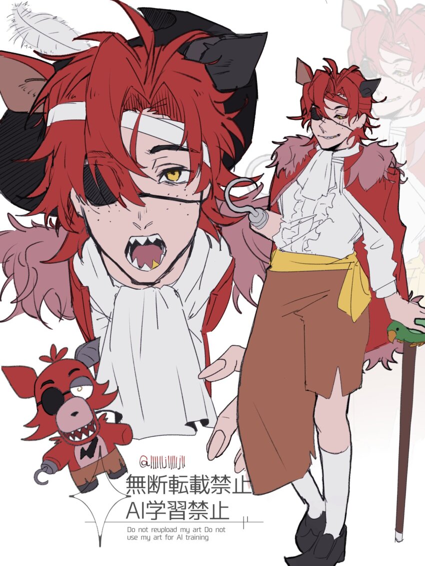 1boy, animal_ears, ascot, bird, black_shoes, cane, cape, center_frills