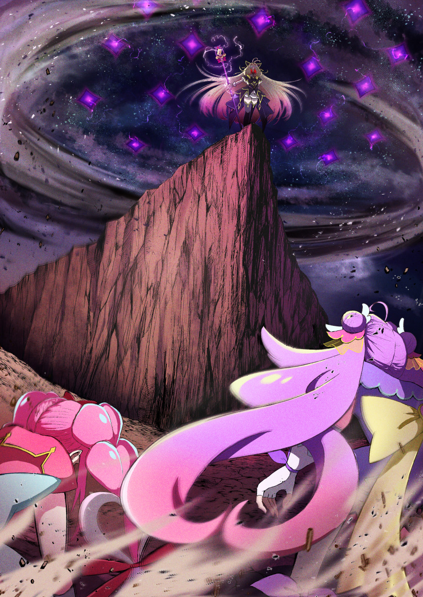 3girls, absurdres, ahoge, akechi_anna, antenna_hair, attack, battle, black_bow