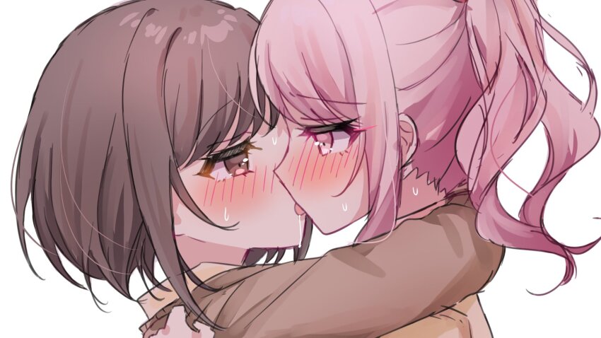 1girl, 1other, akiyama_mizuki, arm_around_neck, blush, bob_cut, brown_cardigan, brown_eyes