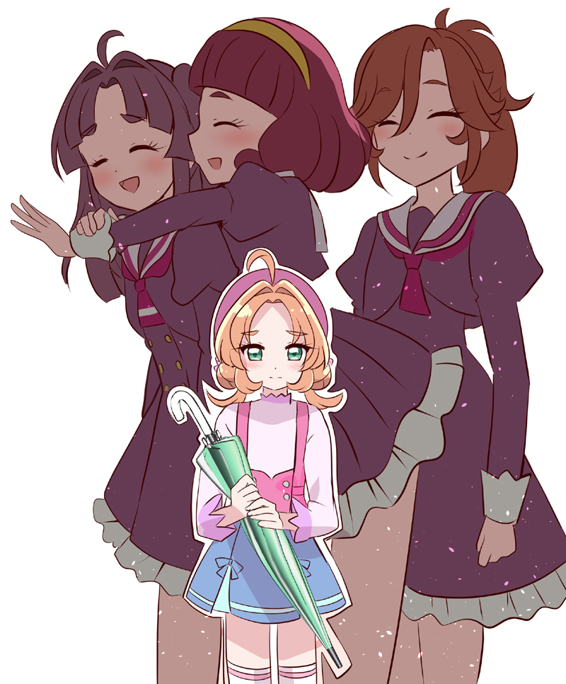 4girls, ahoge, akechi_anna, beret, blue_skirt, blunt_bangs, bob_cut, brown_hair