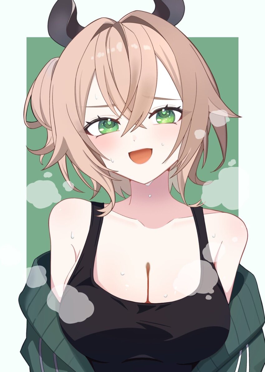 1girl, animal_ears, black_tank_top, breasts, brown_hair, cleavage, green_background, green_eyes