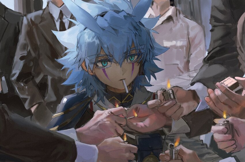 6+boys, alien_888, antenna_hair, bags_under_eyes, belt_pouch, black_coat, black_necktie, blazer