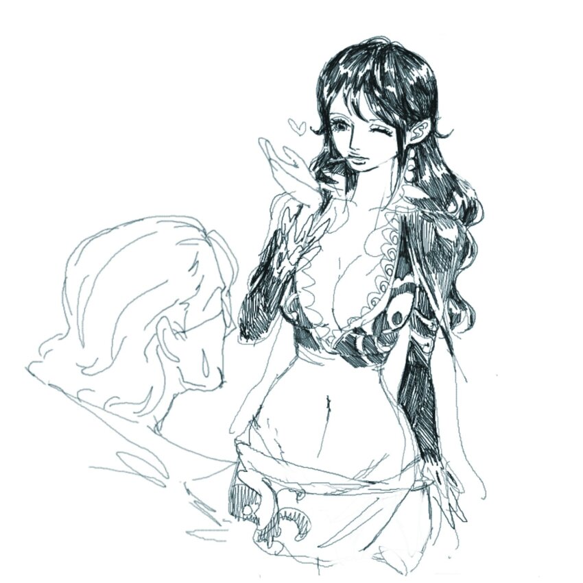 1boy, 1girl, cape, cigarette, commentary_request, crop_top, earrings, glasses, hair_slicked_back, heart, highres, jewelry, juugagon, long_hair, long_sleeves, navel, one_eye_closed, one_piece, shakuyaku_(one_piece), silvers_rayleigh, simple_background, skirt