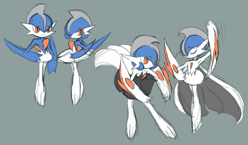 2boys, 2girls, alternate_color, alternate_design, alternate_hairstyle, alternate_universe, arm_blade, arm_up, black_skirt, blue_hair, blue_skin, bob_cut, cape, closed_eyes, colored_skin, dancing, facing_another, fakemon, gallade, gen_4_pokemon, genderswap, genderswap_(mtf), grey_background, hand_on_own_hip, lampette, looking_to_the_side, mega_gallade, mega_pokemon, mega_pokemon_(other), mohawk, multicolored_skin, multiple_boys, multiple_girls, nintendo, pleated_skirt, pokemon, pokemon_(creature), pokemon_focus, red_eyes, red_hair, sexual_dimorphism, shiny_pokemon, sketch, skirt, tutu, two-tone_skin, unfinished, weapon, white_cape, white_skin, white_skirt