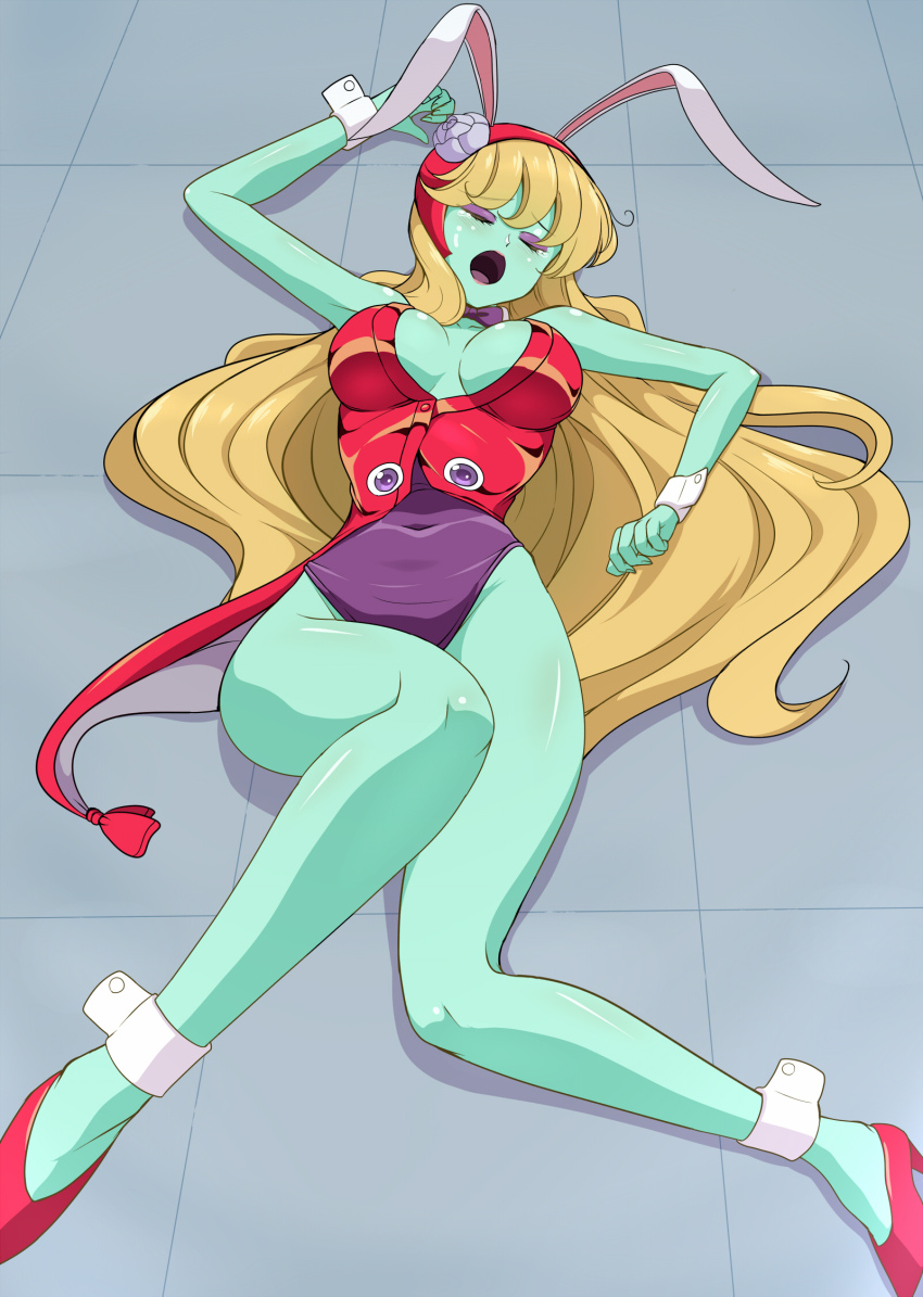 1girl, :o, absurdres, animal_ears, asaricurry, bare_legs, bare_shoulders, bishoujo_senshi_sailor_moon, bishoujo_senshi_sailor_moon_supers, blonde_hair, breasts, candy_girl, cleavage, closed_eyes, colored_skin, covered_navel, curvy, defeat, demon_girl, detached_collar, extra_eyes, eyelashes, fake_animal_ears, floor, full_body, green_skin, highleg, highleg_leotard, highres, large_breasts, legs_together, lemures_(sailor_moon), leotard, long_hair, lying, moaning, monster_girl, on_back, peropero_(sailor_moon), playboy_bunny, purple_leotard, rabbit_ears, red_vest, revealing_clothes, slime_girl, tears, very_long_hair, vest, wavy_hair, white_wrist_cuffs, wrist_cuffs