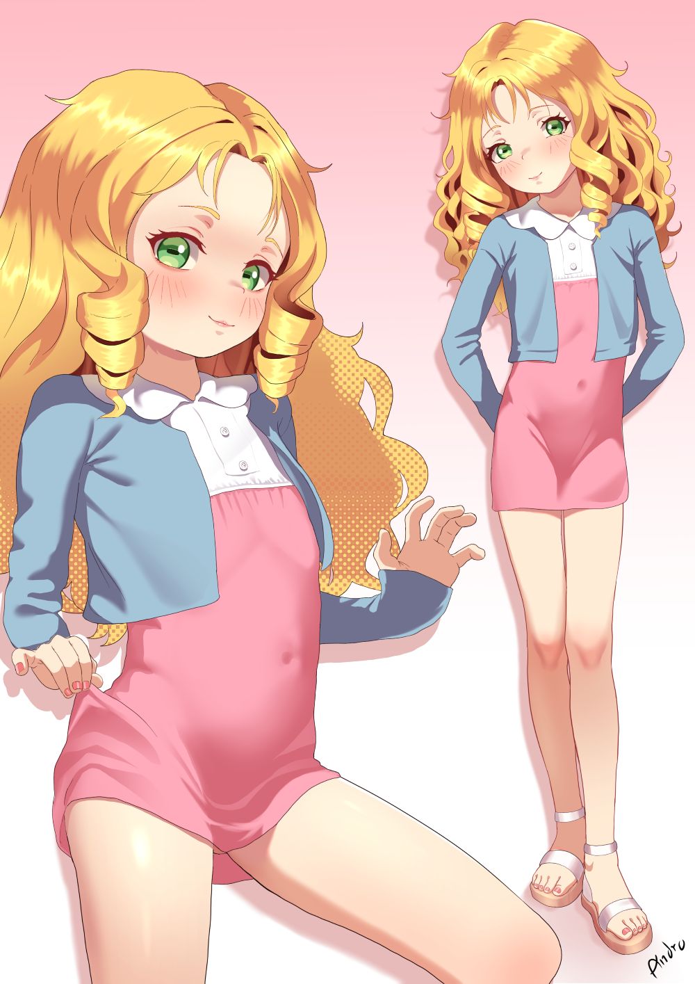 1girl, andro_gs, blonde_hair, collared_dress, covered_navel, dress, drill_hair, drill_sidelocks, green_eyes, highres, kago_yoh, light_smile, loli, looking_at_viewer, medalist_(manga), multiple_views, pink_dress, sidelocks, solo, standing, thighs, two-tone_dress, white_dress