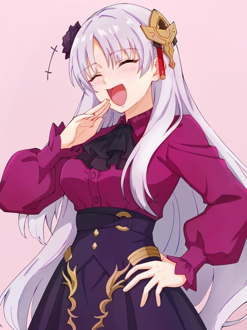 1girl, arsti_11, ascot, belt, black_ascot, fate/strange_fake, fate_(series), fillia_(fate), flower, hair_flower, hair_ornament, highres, long_hair, long_sleeves, o-ring, o-ring_belt, puffy_long_sleeves, puffy_sleeves, purple_flower, purple_rose, red_shirt, rose, shirt, shirt_tucked_in, simple_background, skirt, solo, white_hair