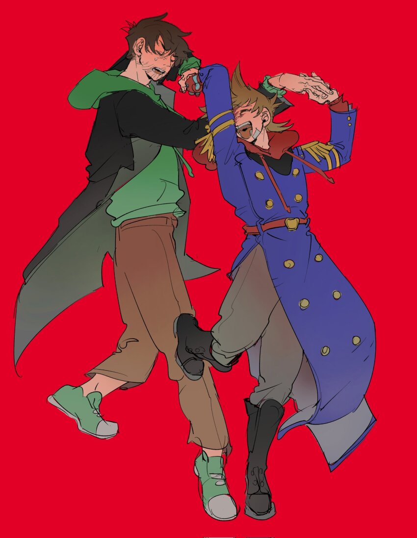 2boys, :d, ^_^, animification, antenna_hair, bandage_on_cheek, beard_stubble, black_boots