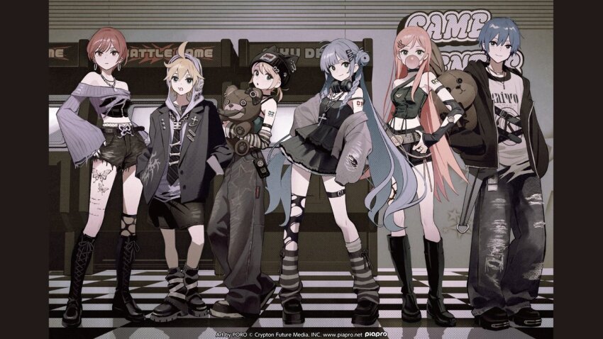 2boys, 39culture, 4girls, ahoge, aqua_eyes, arm_tattoo, arm_warmers, black_boots