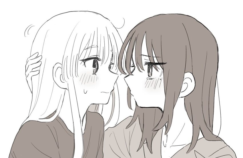 2girls, blush, cho_kaguya-hime!, closed_mouth, commentary_request, eye_contact, greyscale, hand_on_another's_head