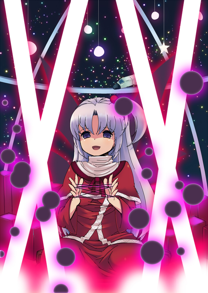 1girl, :d, bad_id, bad_pixiv_id, ball, beam, blue_eyes, cat's_cradle, cutting_(mkjtl), danmaku, dress, empty_eyes, energy_ball, female_focus, hair_bobbles, hair_ornament, jeolchwiseon_(dotted_line), light_purple_hair, long_hair, mundane_made_awesome, mystic_square, open_mouth, shinki_(touhou), side_ponytail, silver_hair, sitting, sky, smile, solo, star_(sky), starry_sky, touhou, touhou_(pc-98), turtleneck, wariza, wings, you_gonna_get_raped, yukinon