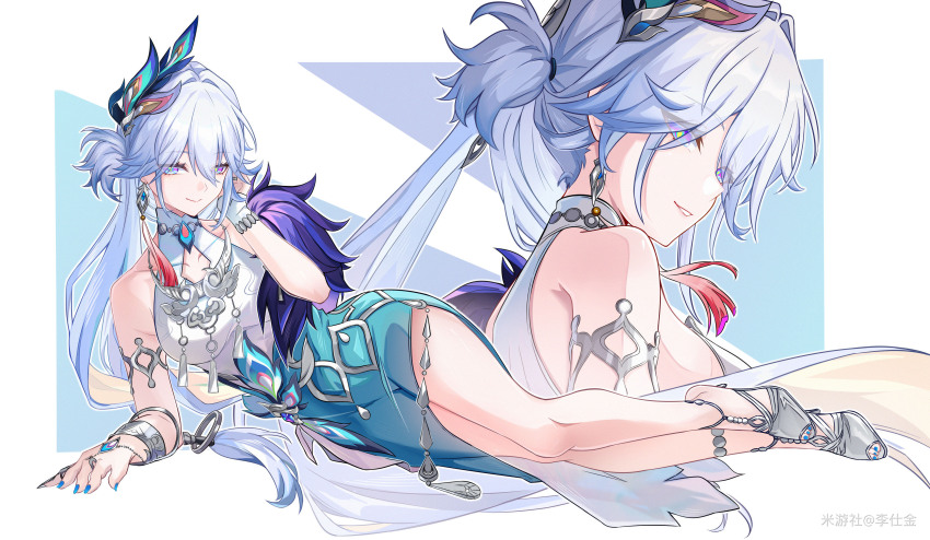 1girl, absurdres, aqua_dress, aqua_nails, bare_shoulders, breasts, chinese_commentary, commentary_request