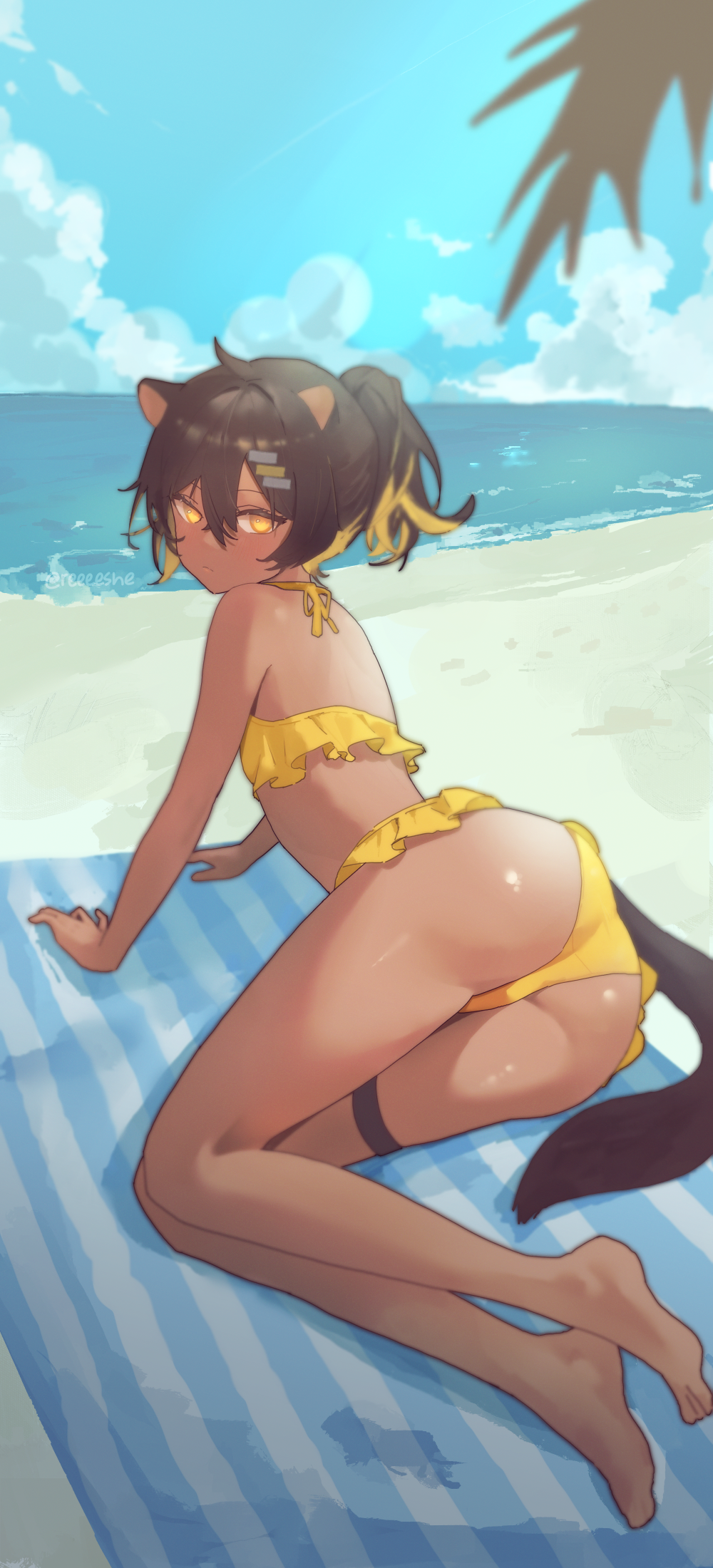 1boy, animal_ears, beach, commentary, english_commentary, from_behind, highres, indie_virtual_youtuber, looking_at_viewer, otter_boy, otter_ears, otter_girl, otter_tail, rinrin_(vtuber), rishe_(reeeeshe), swimsuit, tail, thigh_strap, virtual_youtuber, yellow_eyes