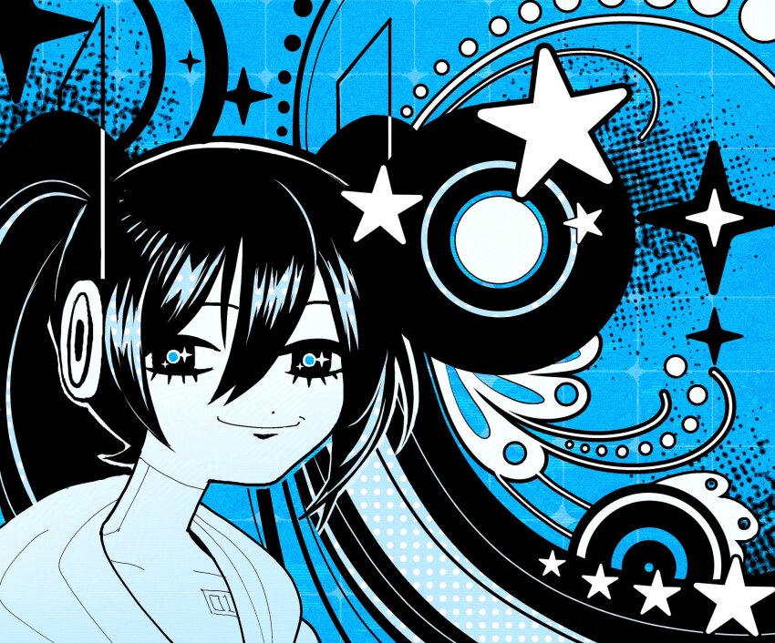 1girl, black_eyes, black_hair, blue_background, blue_pupils, blue_theme, closed_mouth, commentary