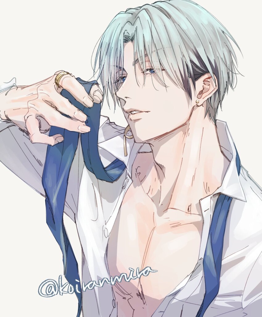 1boy, adam's_apple, black_streaks, blue_eyes, blue_hair, blue_necktie, collarbone, commentary_request
