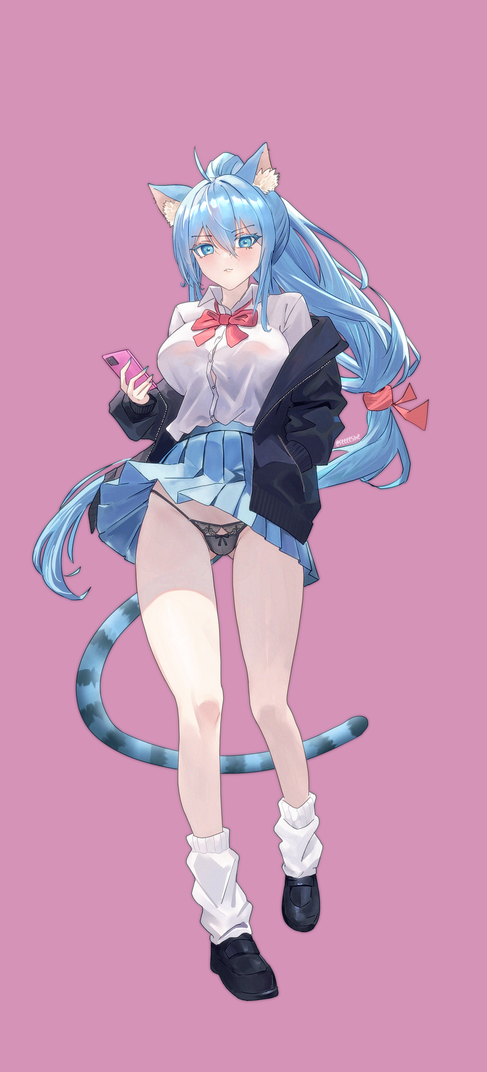 1girl, ahoge, blue_eyes, cat_girl, cat_tail, cellphone, highres, indie_virtual_youtuber