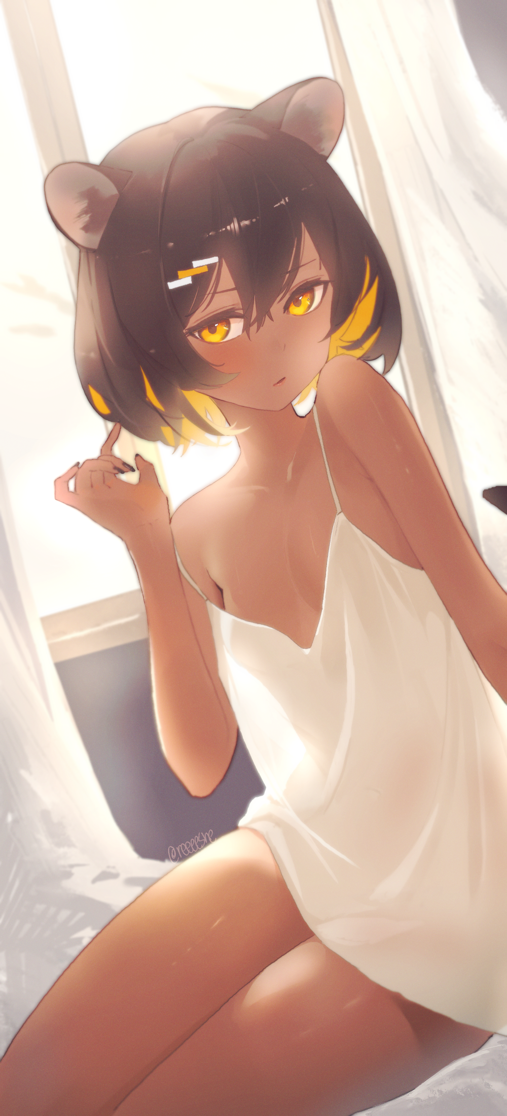 1boy, animal_ears, black_hair, colored_inner_hair, curtains, highres, indie_virtual_youtuber, looking_at_viewer, multicolored_hair, otter_boy, otter_ears, otter_girl, rinrin_(vtuber), rishe_(reeeeshe), tan, virtual_youtuber, yellow_eyes