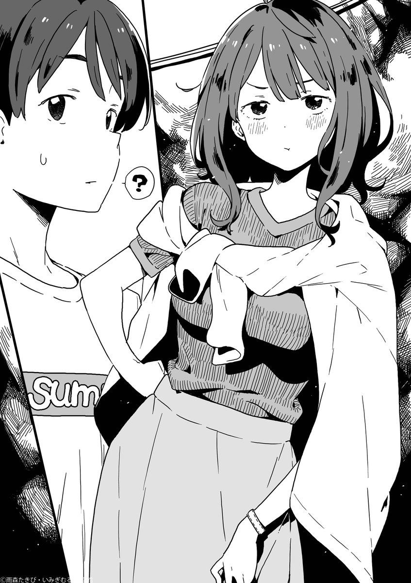 1boy, 1girl, :t, ?, alternate_costume, annoyed, blush, bracelet, breasts, closed_mouth, comic_panel_inset, hand_on_own_hip, highres, imigimuru, jewelry, large_breasts, make_heroine_ga_oo_sugiru!, medium_hair, monochrome, novel_illustration, nukumizu_kazuhiko, official_alternate_costume, official_art, pour, pout, print_shirt, ribbed_shirt, second-party_source, shirt, short_hair, skirt, speech_bubble, sweat, sweatdrop, sweater, t-shirt, tied_sweater, v-neck, yanami_anna