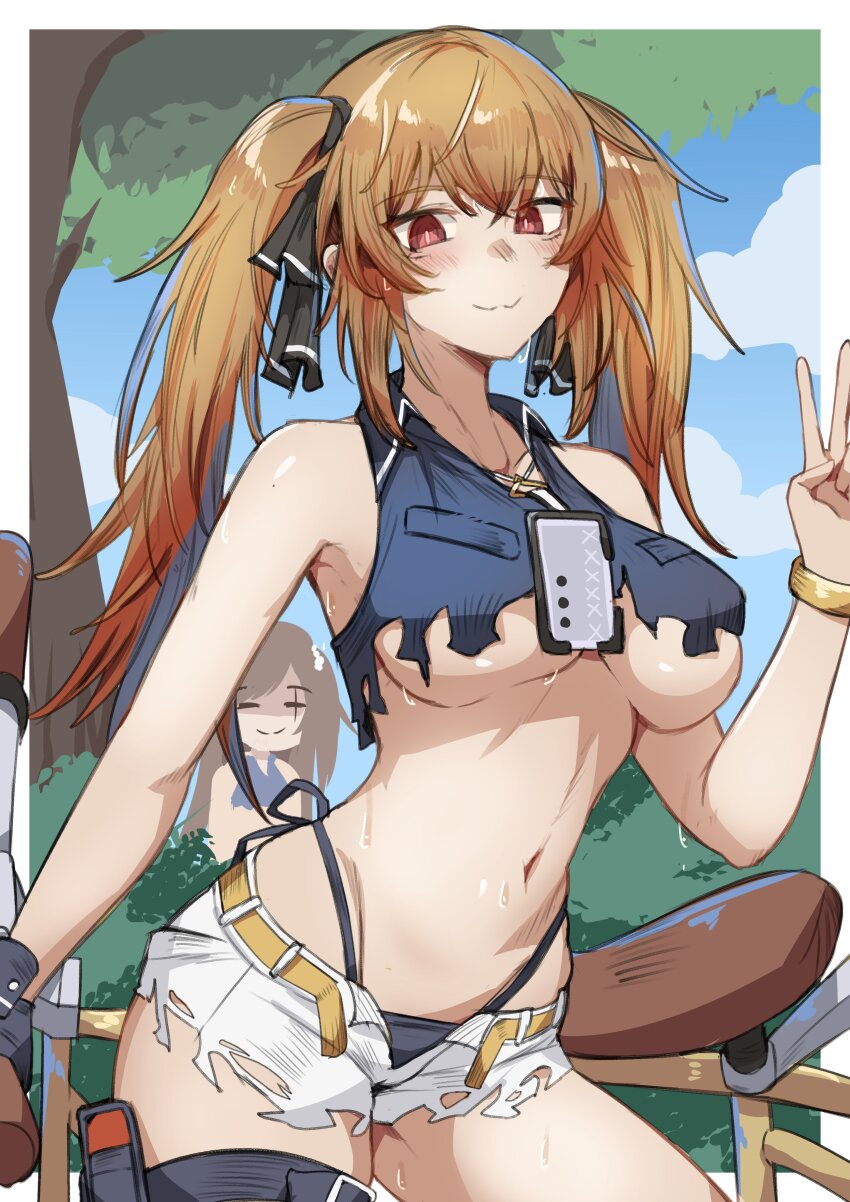 2girls, :3, absurdres, alternate_costume, belt, black_gloves, black_panties, blue_shirt