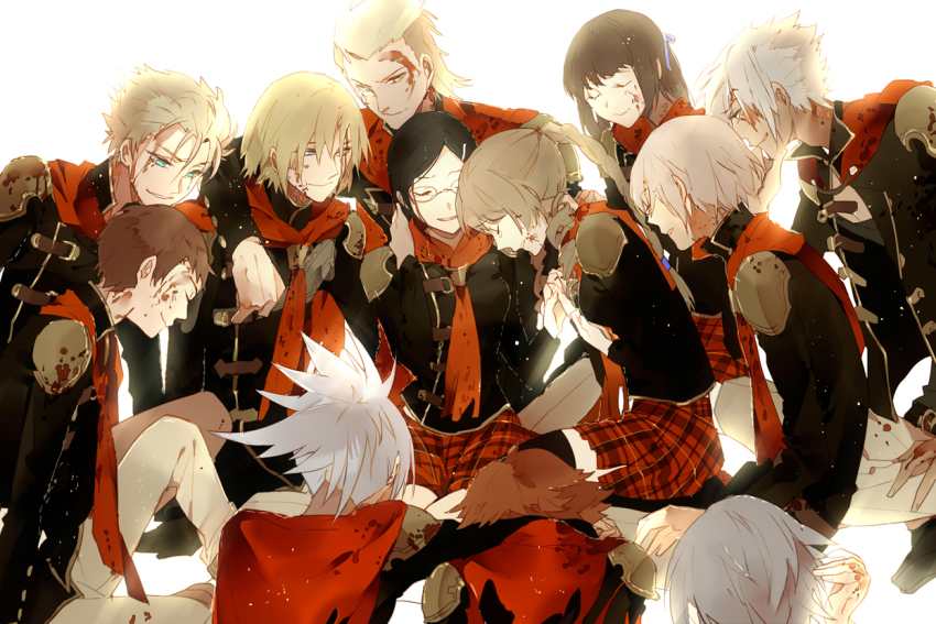 6+boys, 6+girls, ace_(fft-0), black_hair, blonde_hair, blood, braid, brown_hair