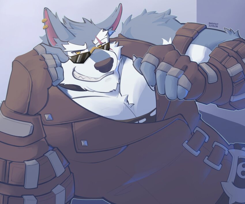 1boy, animal_ears, bara, black_vest, claws, commentary, dislyte, dododoonut