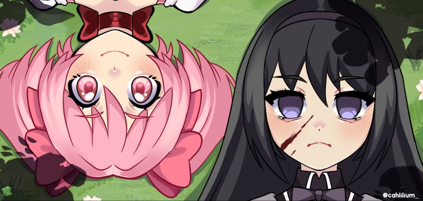 2girls, akemi_homura, akemi_homura_(magical_girl), black_hair, blood, blood_on_face, bow, choker