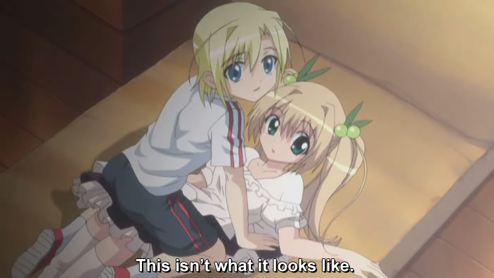 00s, 1boy, 1girl, bed, black_shorts, blonde_hair, blue_eyes, collarbone, dress, green_eyes, green_ribbon, hair_bobbles, hair_ornament, hair_ribbon, hanazono_karin, kamichama_karin, kneeling, kujou_kazune, long_hair, looking_at_viewer, lying, on_bed, red_footwear, ribbon, shirt, shoes, short_hair, short_sleeves, shorts, socks, subtitled, third-party_edit, twintails, white_dress, white_shirt, white_socks