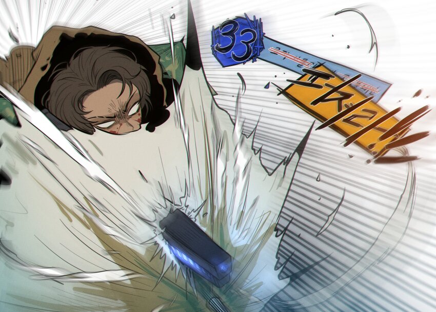 1boy, blood, blood_on_face, brown_hair, brown_raincoat, dark-skinned_male, dark_skin, e.g.o_(project_moon)