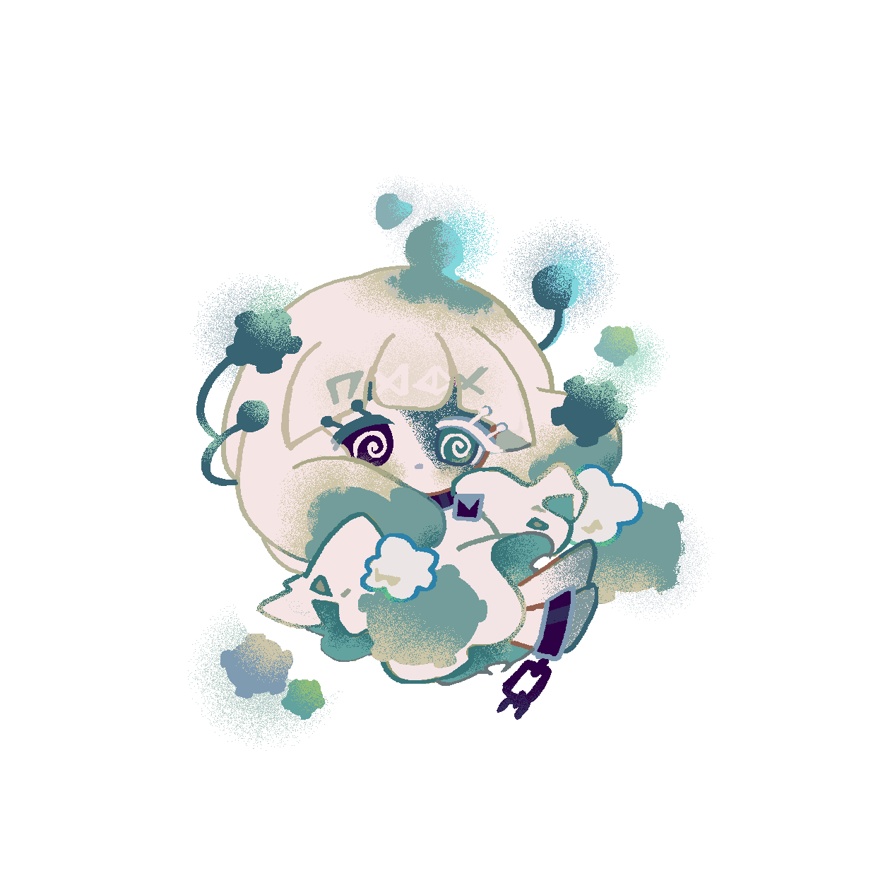 1girl, :|, @_@, barefoot, black_eyes, blunt_bangs, chain, chibi